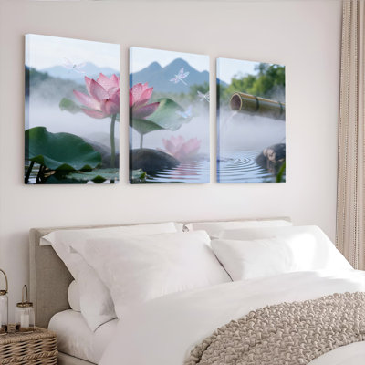 Lotus Flower Dragonfly Bamboo Water Scene Canvas Wrapped Wall Art Oil Painting Print Set of 3