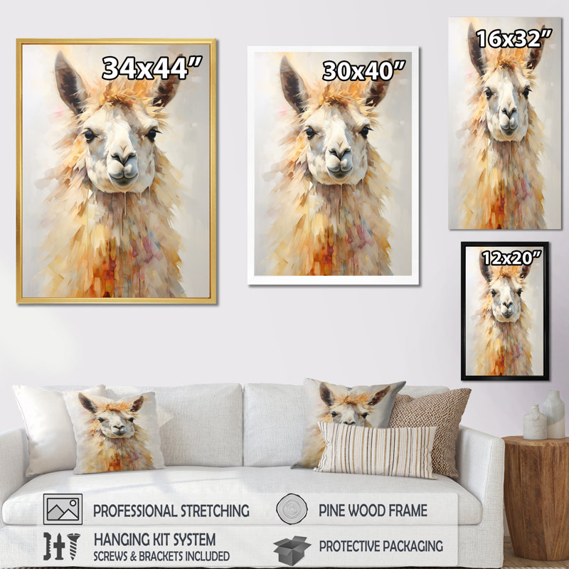 Furry Llama Portrait, reproduction d'art sur toile, Cadre simple noir, H 40 po x l 30 po x P 1,5 po