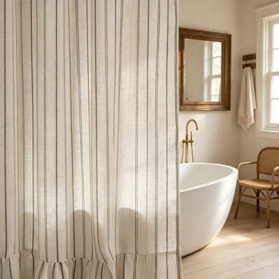 Farmhouse Ruffle Shower Curtain, Striped Linen Shower Curtain Set with Hooks for Bathroom, Vintage Bath Curtains Waterproof Weighted Cloth
