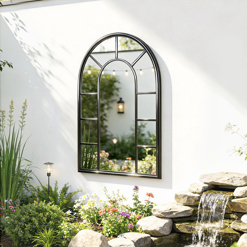 Outsunny Arched Mirror Windowpane Wall Mounted Mirror 71 x 51 cm Black