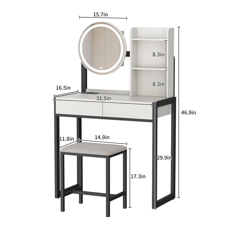 31.5" Compact Vanity Set with Lighted LED Mirror & Power Outlet, White/Black, Black