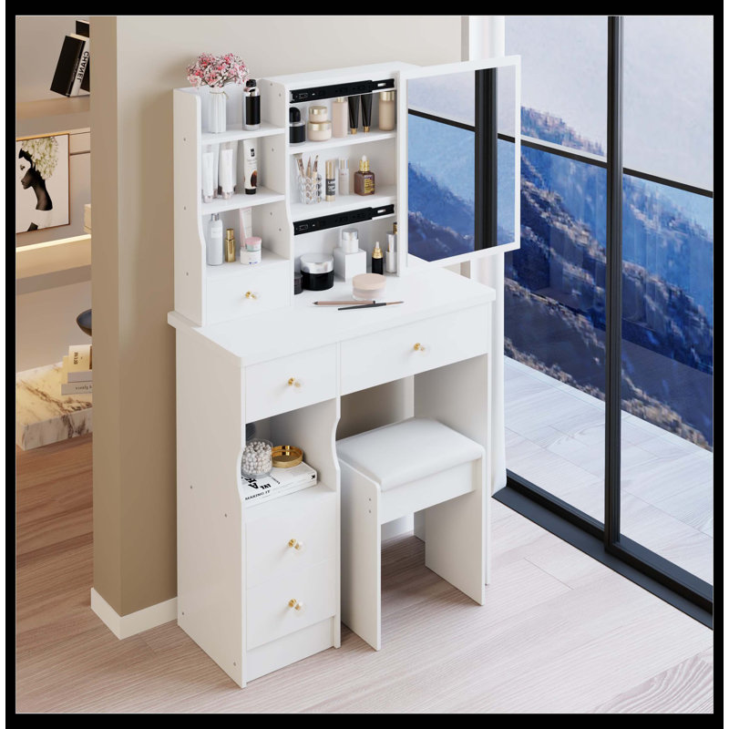 Petite coiffeuse 29,2 po avec tabouret de bureau à gauche et tabouret rembourré, très grand miroir coulissant à droite, rangement multicouche à grande capacité, commode pratique et pratique, convient aux petits espaces