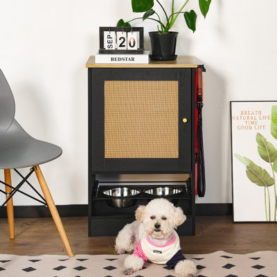 Station d'alimentation avec 1 armoire de rangement, station d'alimentation pour animaux avec 2 bols surélevés pour chien, crochets latéraux, ensemble anti-basculement, station d'alimentation pour animaux cachée pour l'alimentation et l'arrosage, noir