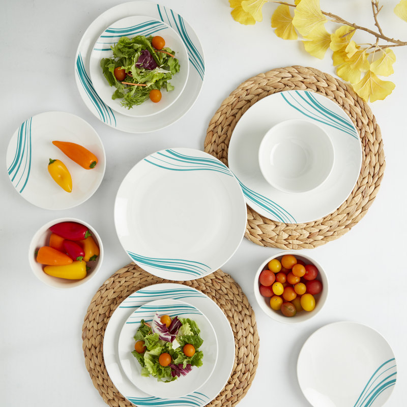 Marina White and Teal Porcelain 12-Piece Dinnerware Set, Service for 4