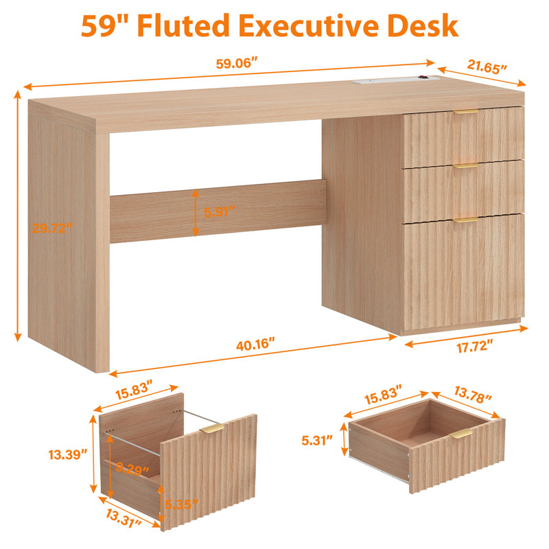 Bureau de direction cannelé de 60 po avec grand tiroir de classement et grande station de charge, bureau moderne en bois avec rangement, bureau d'ordinateur pour le travail, salon, chambre à coucher, durable et robuste, naturel