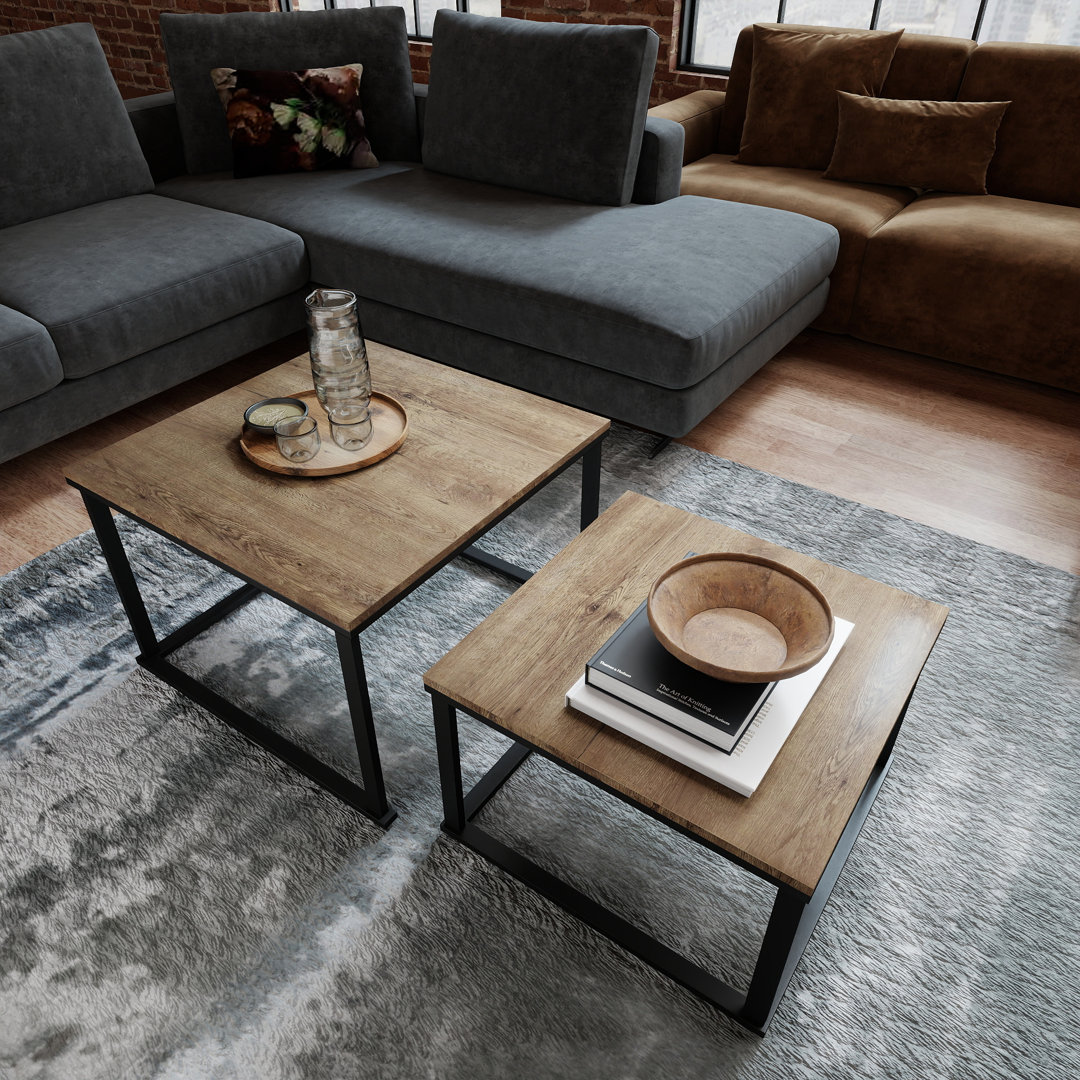 Square Coffee Table Set Of 2, Modern Oak Effect Nesting Tables With Black Frame, Loft Style 2-In-1 Side Tables, Scratch-Resistant Surface Living Room