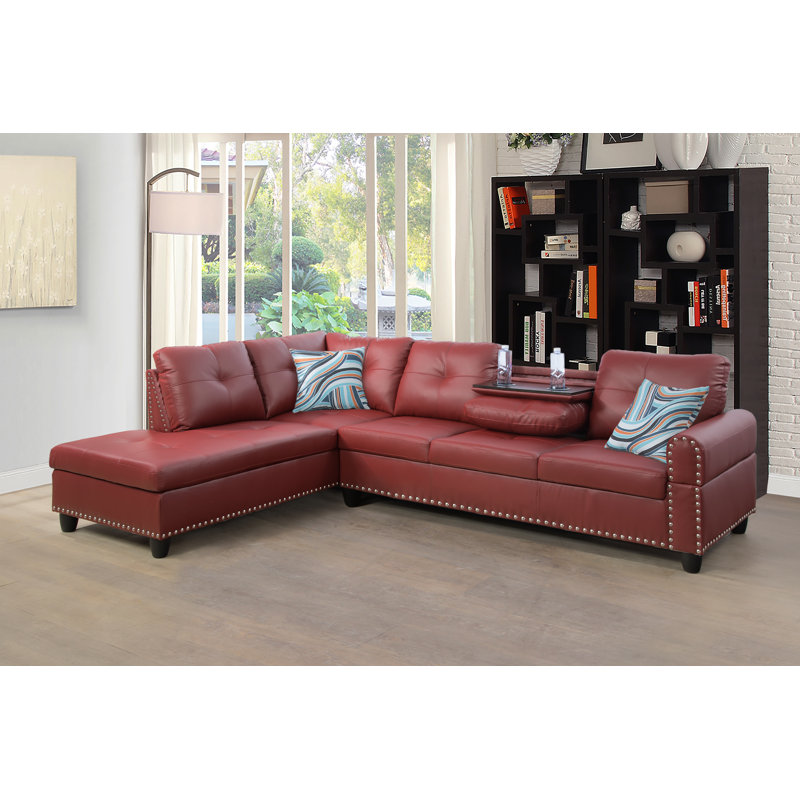 Louvenia Upholstered L-Shaped Sectional, Left Hand Facing, Burgundy Faux Leather