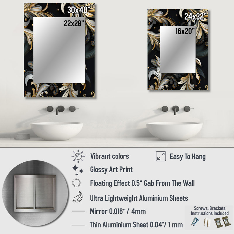 Kejuan Deep Black Silver Elegance - miroir décoratif glamour, miroir mural abstrait, impression d'art en métal, 40 po x 30 po