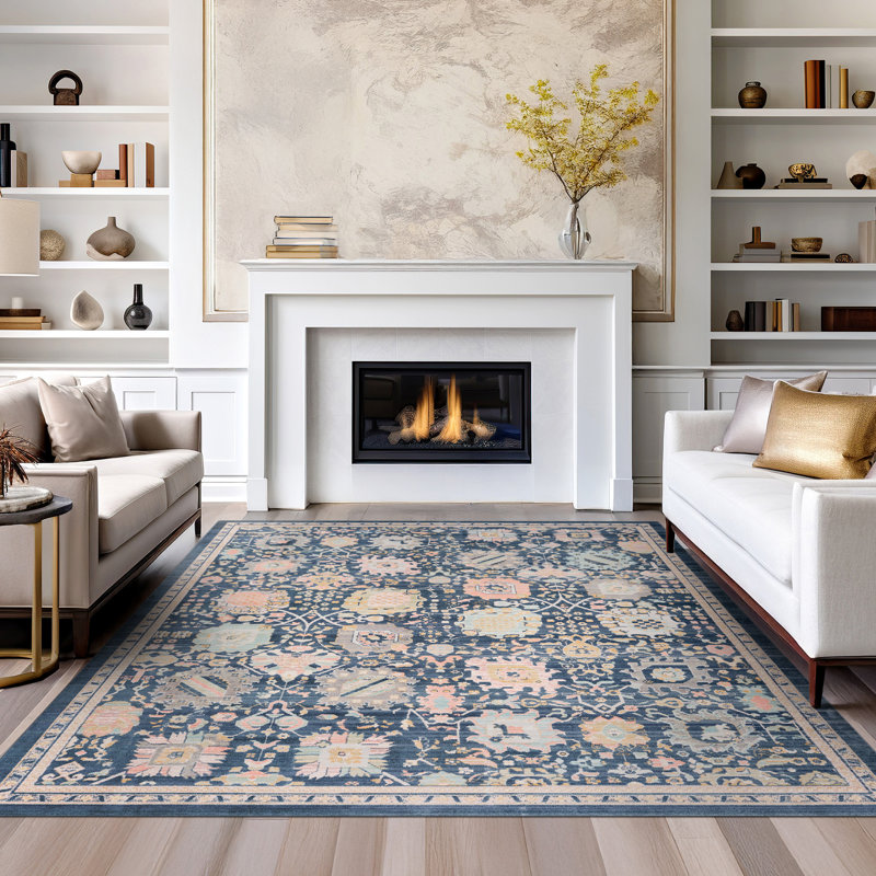 Camilla Traditional Oriental Navy Blue Polyester Area Rug, Rectangle 5' x 7'