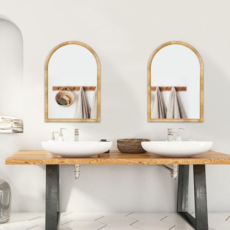 Natural Rattan Arched Wall Mirror, 36" x 24" Boho Decor