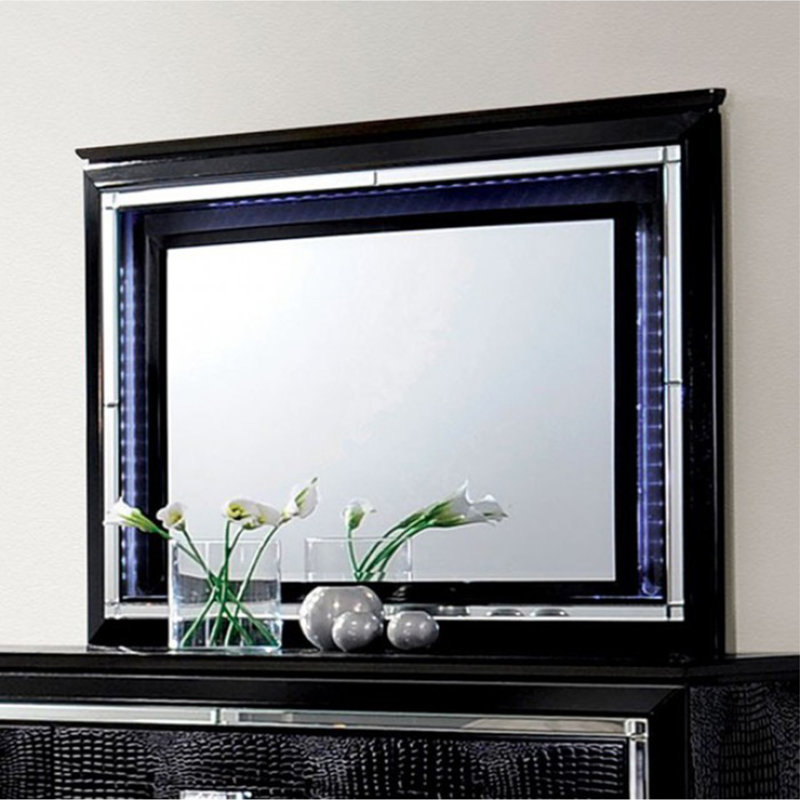 Maybelline 50 Inch Contemporary Wood Frame Horizontal Mirror, LED Light Frame, Black