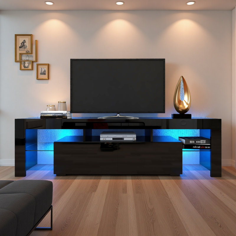 Meuble télé moderne, 20 lumières DEL avec télécommande, Noir