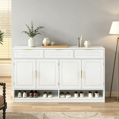 59.1'' Farmhouse Sideboard With 3 Drawers & 4 Doors, Adjustable Shelf & Open Compartments