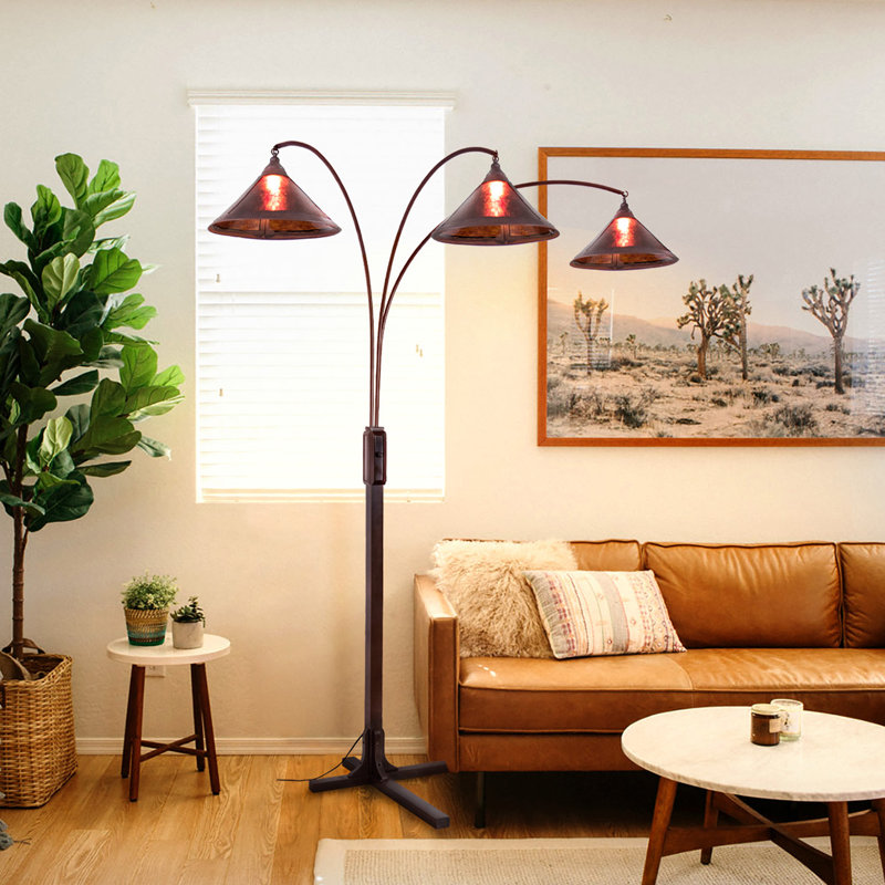 Lampe sur pied à arc 3 lumières Natural Mica - 86 po, bois espresso, bronze et mica minéral ambré, gradateur, base en X