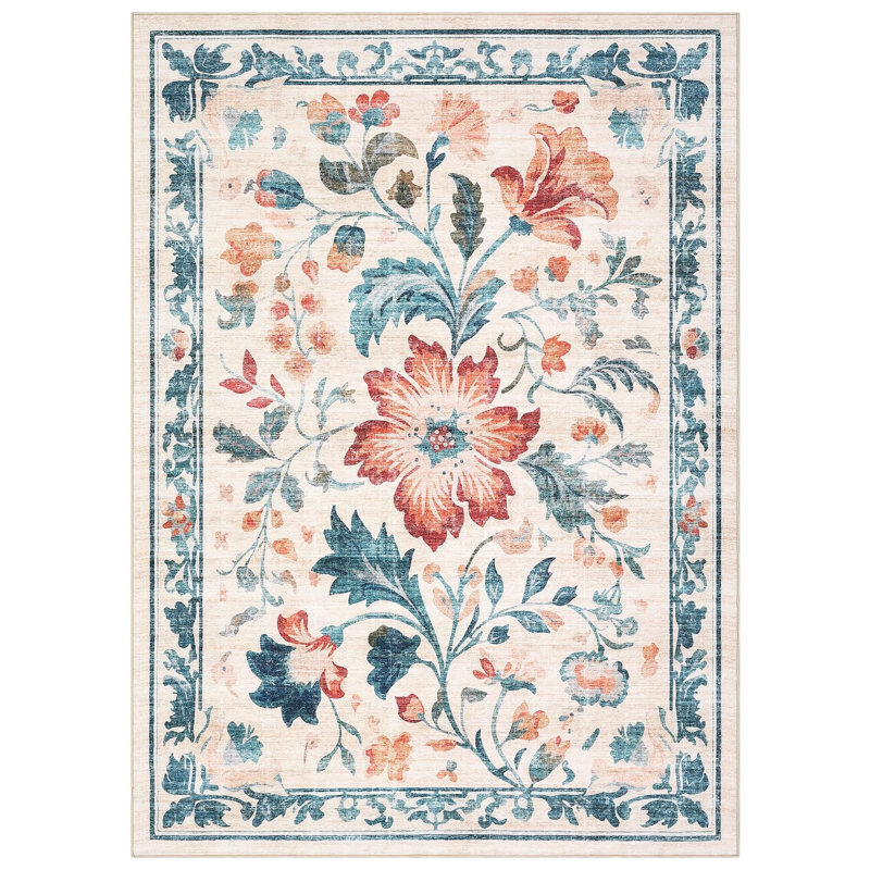 Washable Folding Floral Print Rug Washable Non - Slip Backing for Living Room Bedroom, Beige, Rectangle 8' x 10'