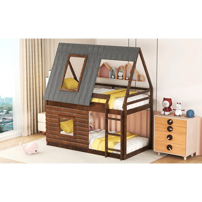 Lit superposé House pour les jumeaux en chêne et gris fumé - toit, 2 fenêtres robustes et fabrication en bois