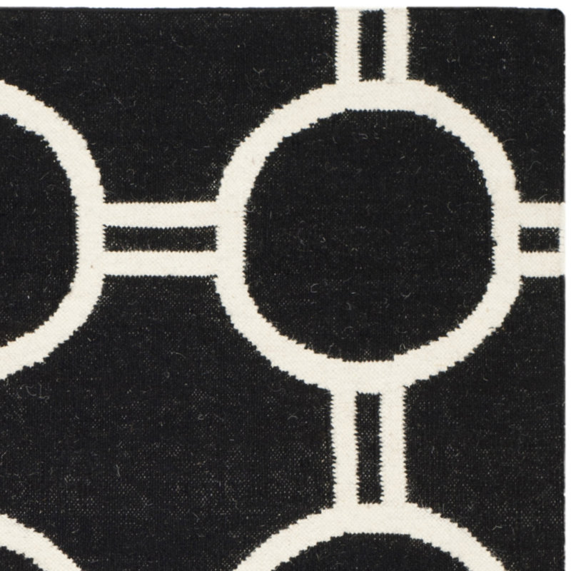Rodgers Hand Woven Flat Weave Wool/Cotton Geometric Rug in Black/Grey, Square 6'