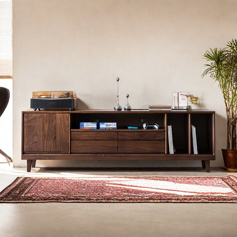 Walnut video game TV stand, 23" H x 86.6" W x 17.7" D