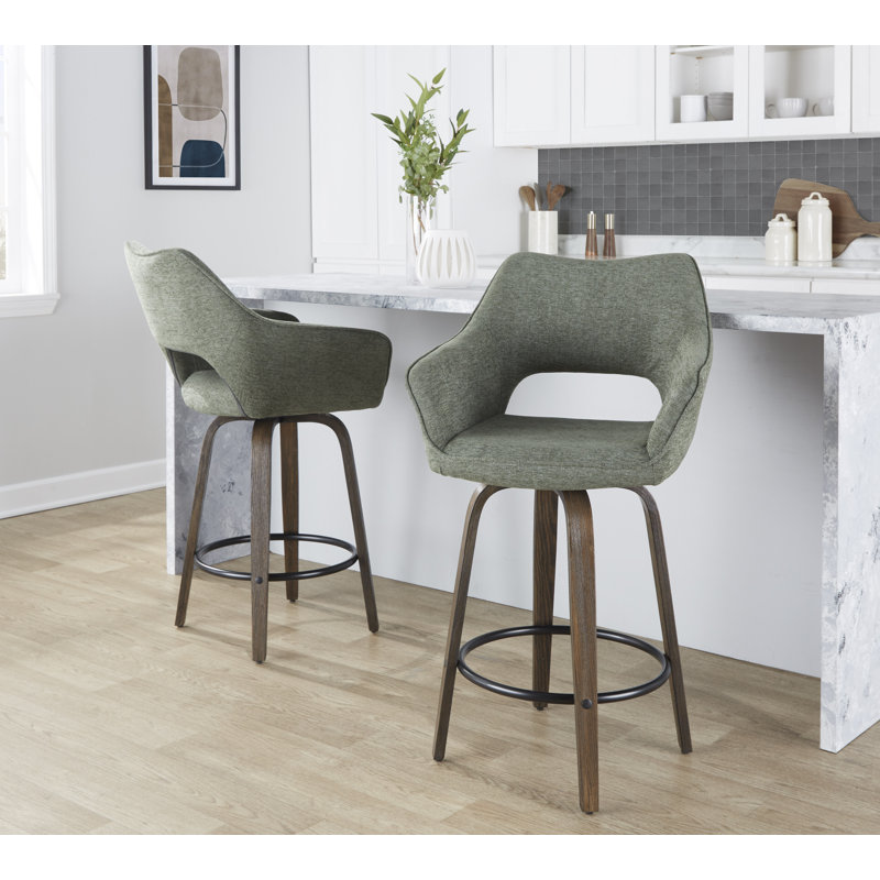 Sarah Fixed-Height Fabric Bar & Counter Stool with Bent Wood Legs & Round Footrest, Green Fabric/Glazed Walnut Frame