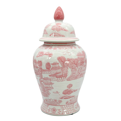 Pink & White Chinoiserie Ceramic Jar 18"