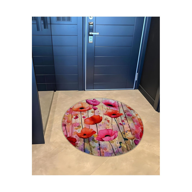 Tapis rond rond multicolore à motif de pavot multicolore lavable à la machine, Rond 3 pi 11 po 