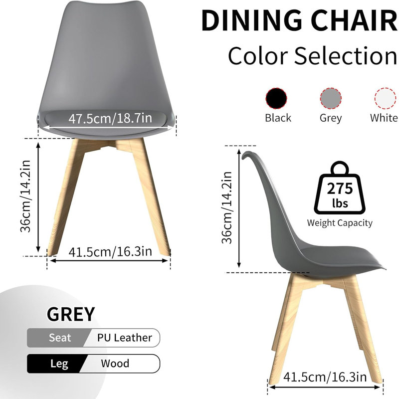 Dining Chairs Set Of 4, Mid Century Modern Kitchen Chairs With PU Leather Seat & Wood Legs For Indoor Outdoor Use, Gray, Gray