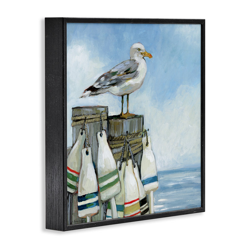 Mouette sur la jetée avec bouée, estampe numérique, conception de Susan Winget, Giclée encadrée noir minuit