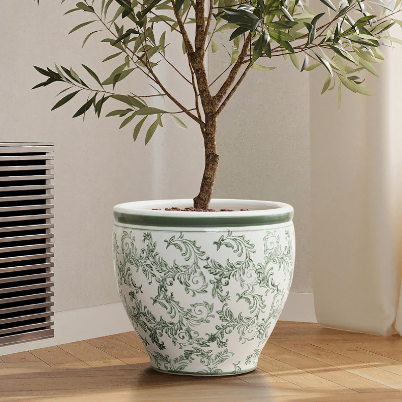 11.4'' Dia Green and White Round Planter Pot, Large Ceramic Pot with Drainage, 10.63" H x 11.42" Diameter