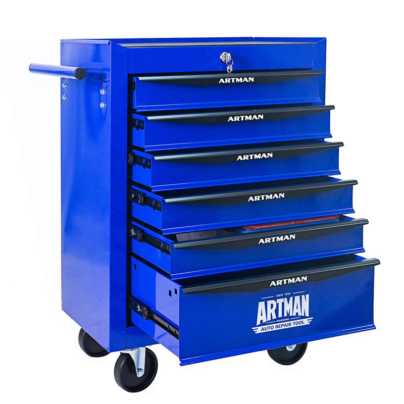 Coffre à outils roulant en métal avec 6 tiroirs, armoire d'appoint, Noir / Bleu