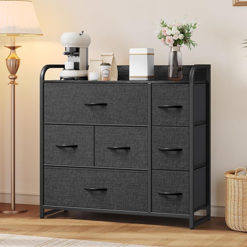Commode 7 tiroirs, rangement avec tablettes, commode en tissu, commode pour chambre à coucher, salon, placards, structure en acier robuste, plateau en bois, bacs en tissu à tirer facilement