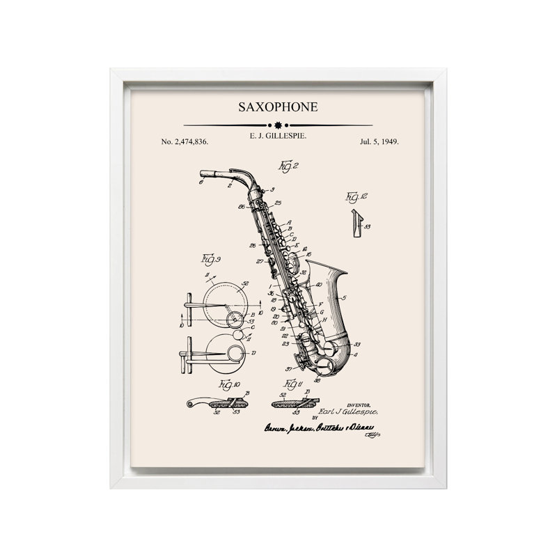 Plan du saxophone, Canevas, H 12 po x l 16 po, Encadrement blanc
