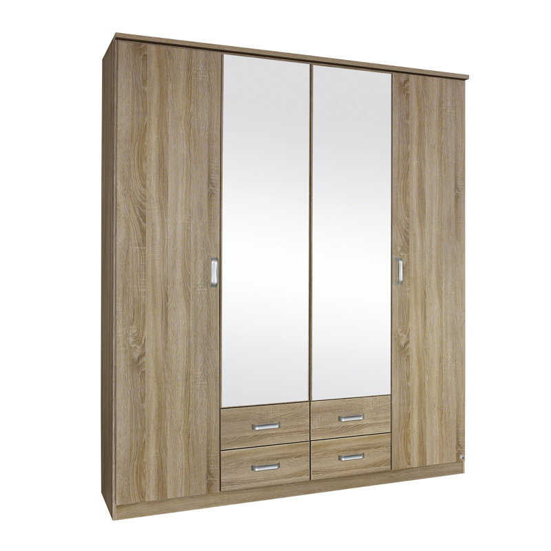 Gandra  4 Hinged Door Wardrobe 181 cm 4 Drawer, Mirror INCL. Delivery and Assembly, Sonoma Oak