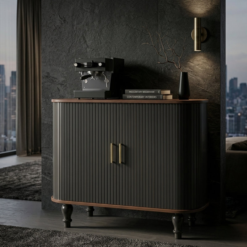 39" Modern Fluted Bar Cabinet with Storage Drawer & Hidden Side Compartments, Black