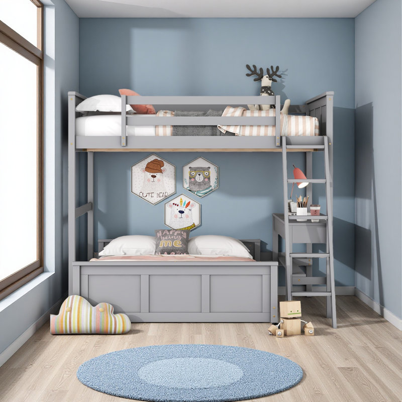 Lit superposé avec bureau, Gris, Lit superposé double sur double
