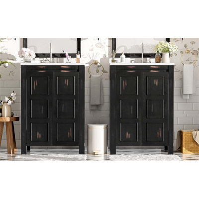 Meuble-lavabo de style rétro avec deux lavabos et beaucoup de rangement pour optimiser l'espace