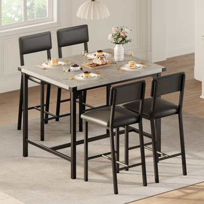 5-Piece Counter Height Dining Table Set, High Top Bar Table with 4 Upholstered Chairs, H-Frame Metal Legs, Footrest & Metal Corner Protector, Space Saving Dining Set for Dining Room & Small Spaces