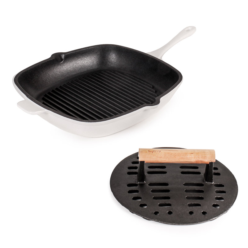 Ensemble de 2 pièces en fonte Neo: poêle à griller 11 po avec presse à steak fendue, blanc