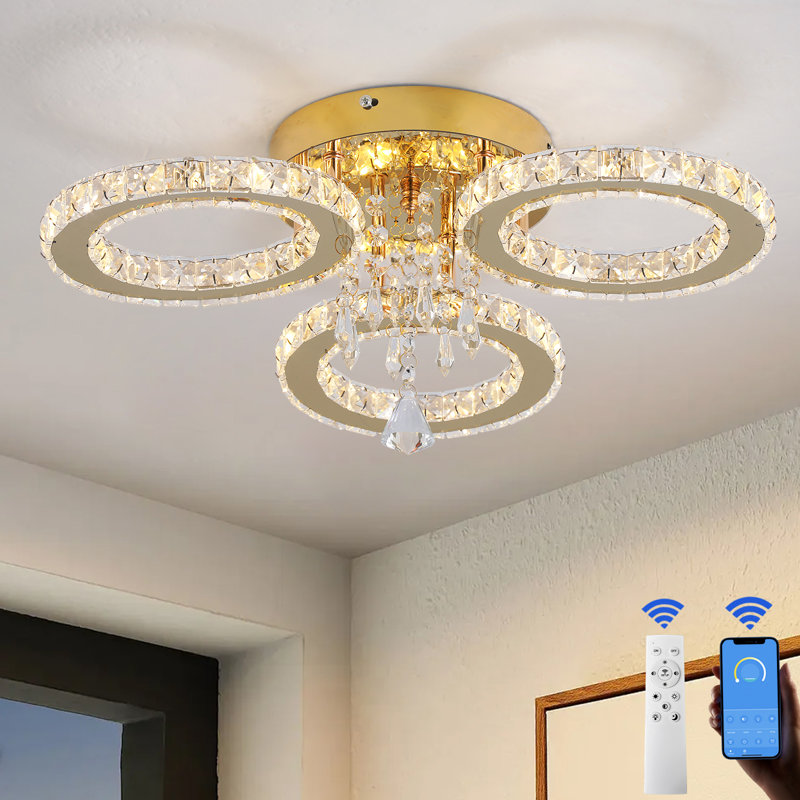 Luxury Ring LED Crystal Chandelier, Gold Finish And K9 Crystal Accents, 3 Lights, 3000 Kelvins-6000 Kelvins, Yes