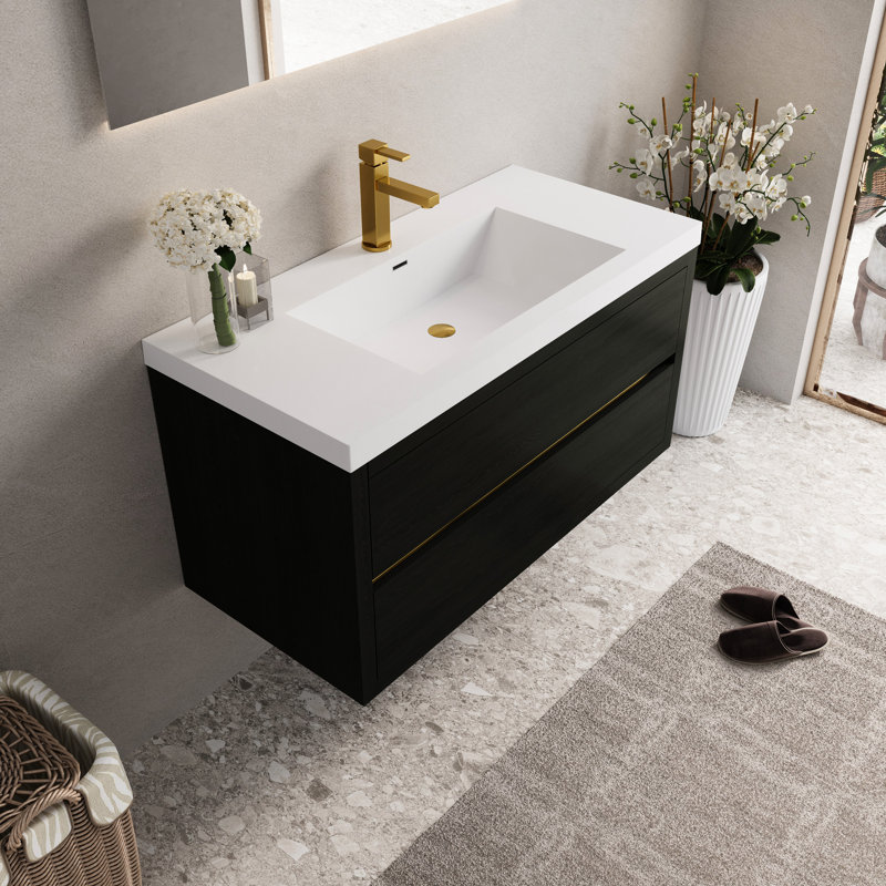 Meuble-lavabo de 42 po avec lavabo et rangement flottant, comptoir en résine de pierre, tiroirs à fermeture en douceur, bois, pré-assemblé, dommages et performance durable