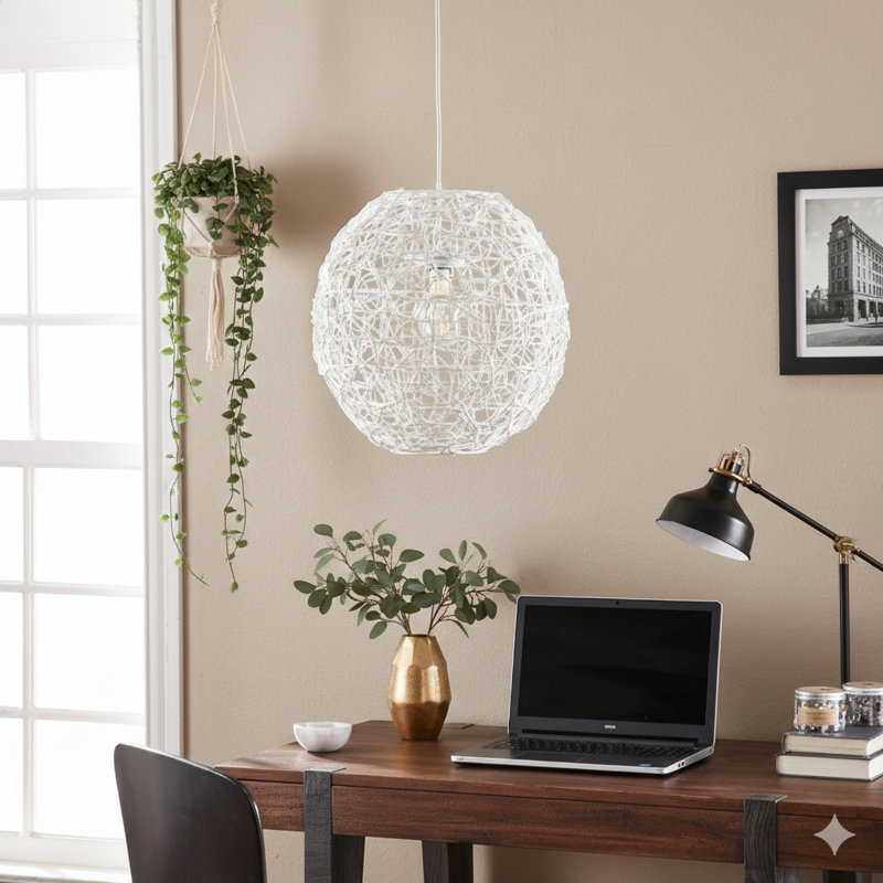 A Pendant Light With A Round Shade Made Using A Woven Technique.