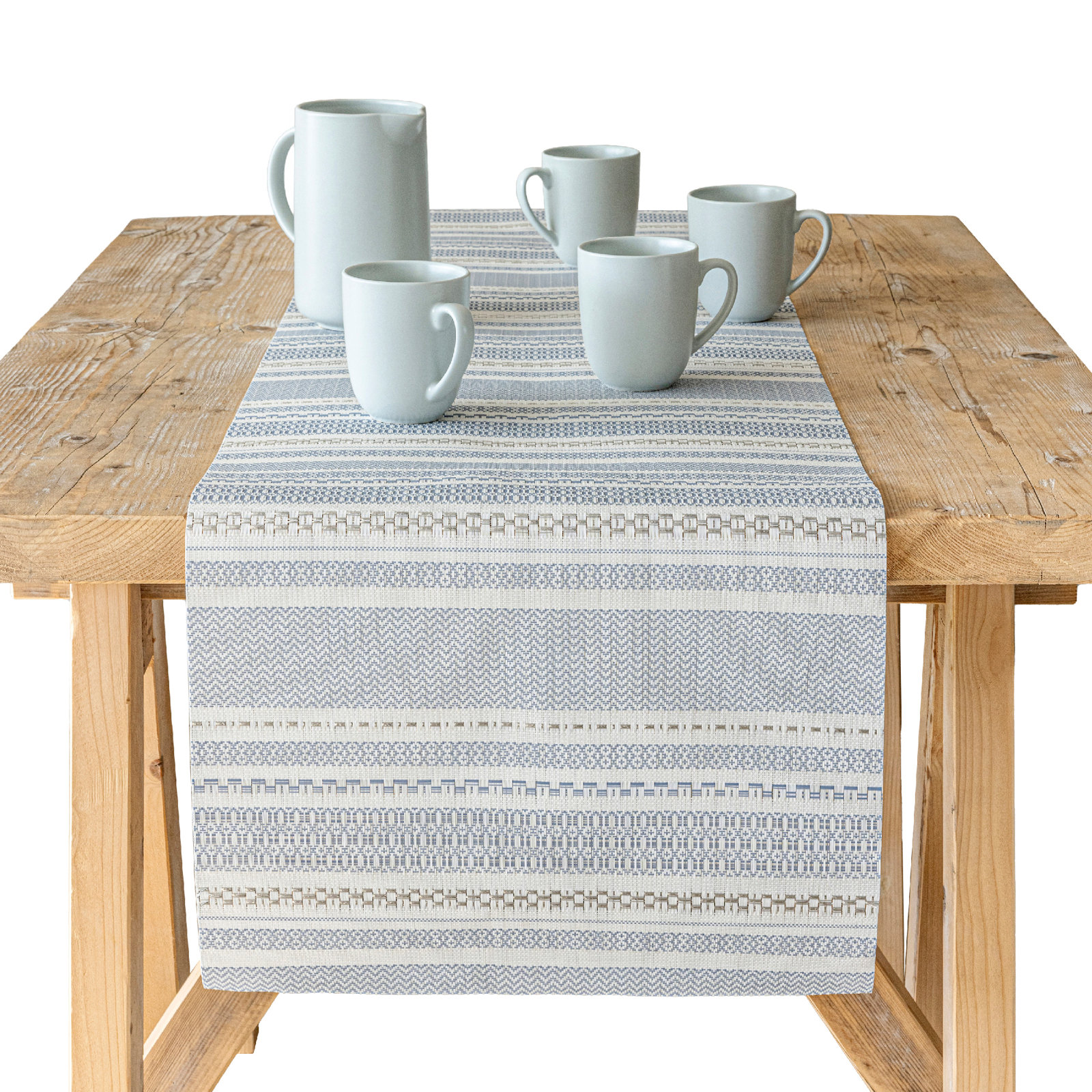 Reversible Striped 90" Table Runner, Blue/White