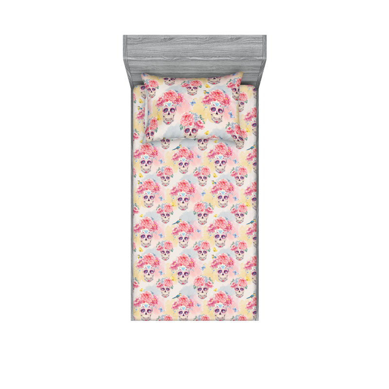 Ambesonne Fitted Sheet & Sham Sugar Skulls Butterflies Pale Ruby Dark Coral, Twin Sheet Set with 1 Pillowcase