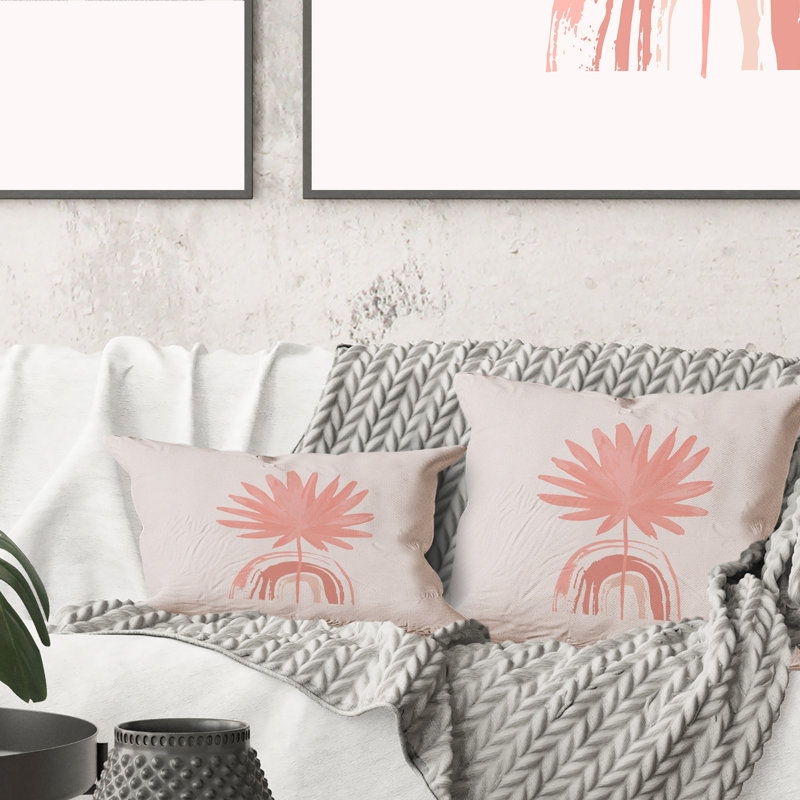 Coussin décoratif rose imprimé arc-en-ciel et feuilles tropicales 12 po x 20 po