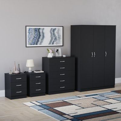 Tayce 4 Piece Bedroom Set (3 Drawer Bedside Chest X2, 5 Drawer Chest, 3 Door Wardrobe)