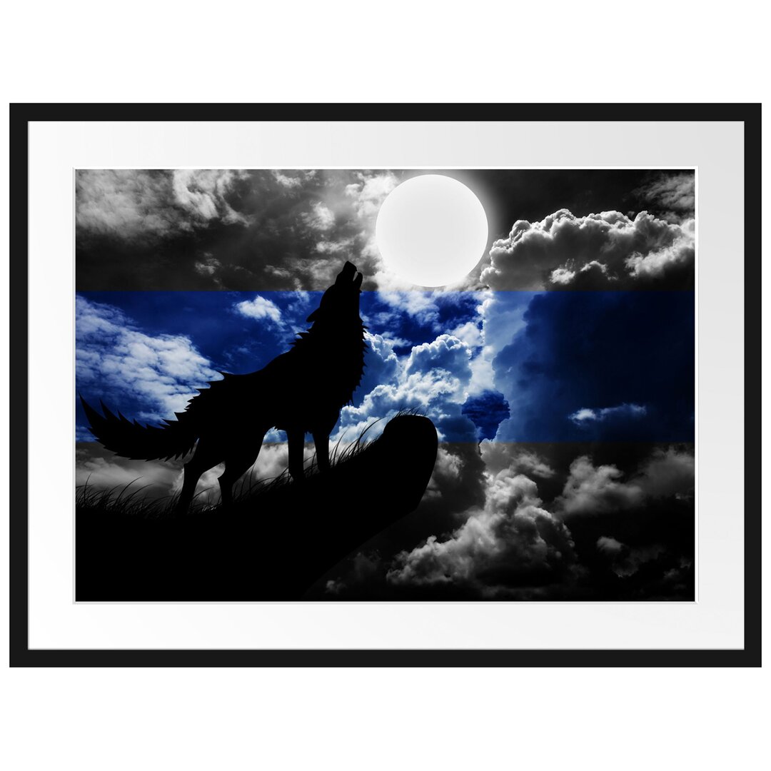 Gerahmtes Poster Wolf Silhouette im Vollmond