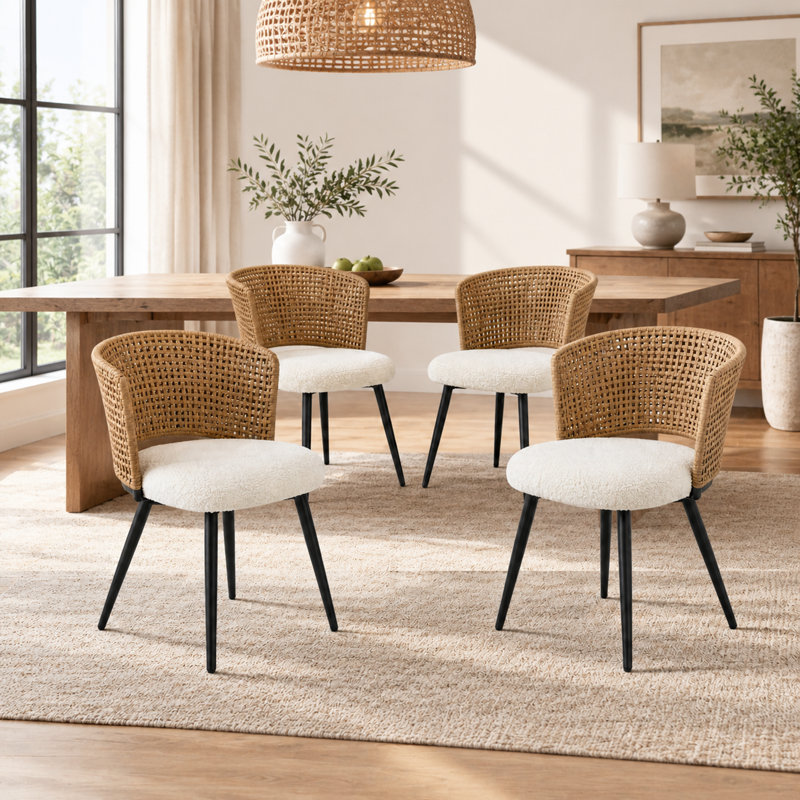 Ensemble de 4 chaises de salle à manger en rotin avec coussin en forme d'ourson et pieds en métal