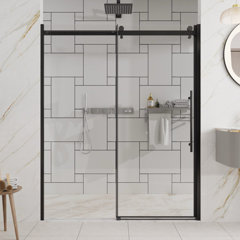 Porte de douche en verre coulissante l 30 à 60 po x H 72 po - Paroi de douche à double usage avec verre trempé épais de 1/4 po, poignée en acier inoxydable et barre de support