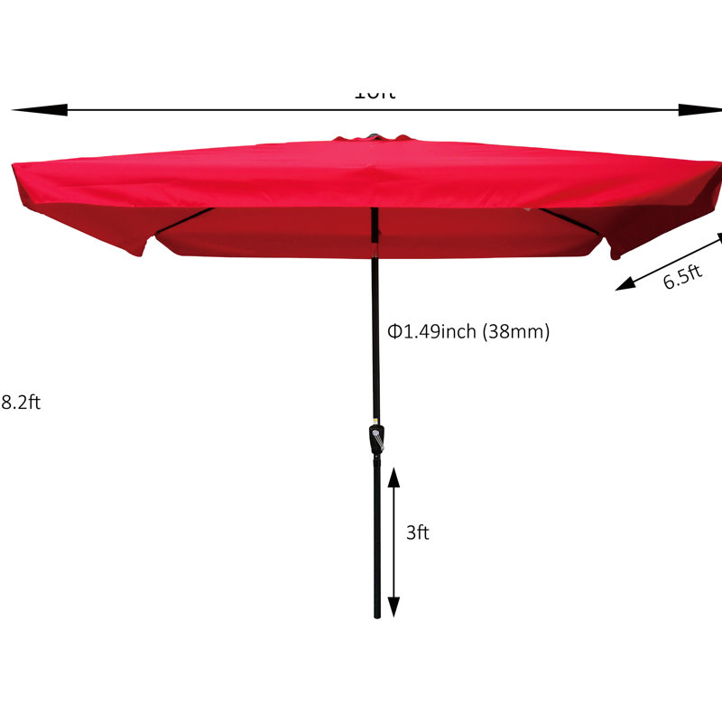 10x6.5ft Rectangular Patio Umbrella With Easy Canopy - Red For Garden Leisure, Red