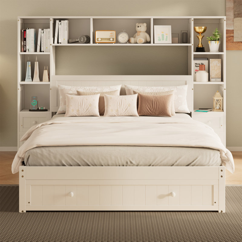 Lit plateforme en bois de pin avec table de chevet tout-en-un 2, Double