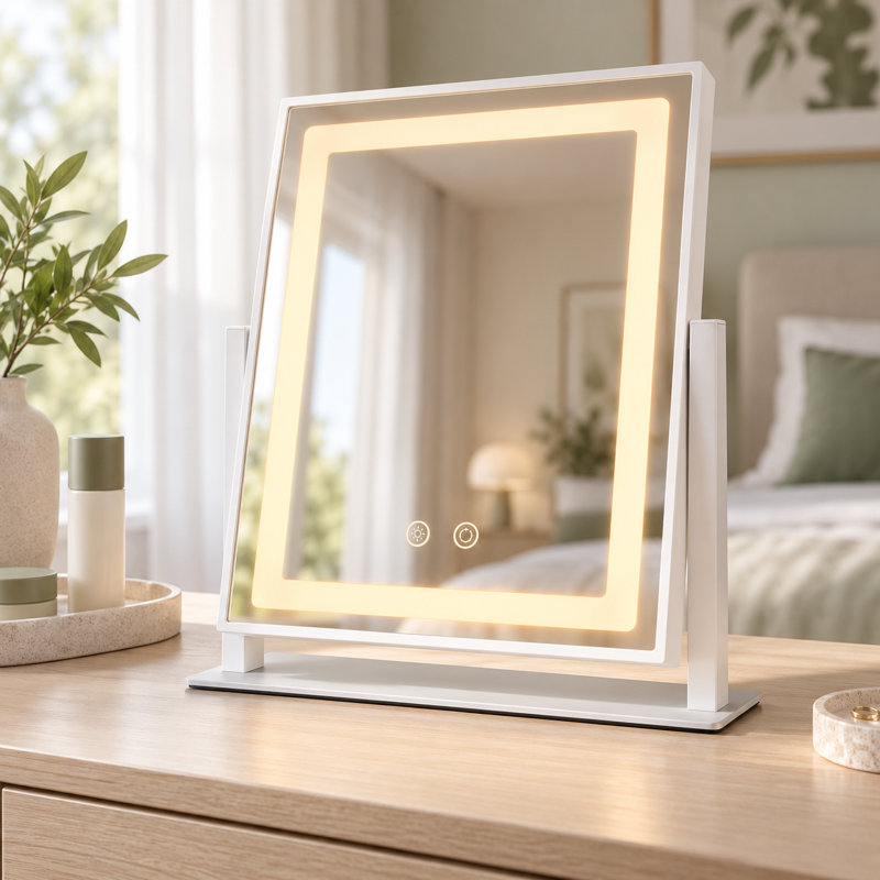 Miroir de maquillage rectangulaire lumineux avec bande DEL intégrée, 3 modes de couleur, miroir grossissant x10 et rotation à 360°
